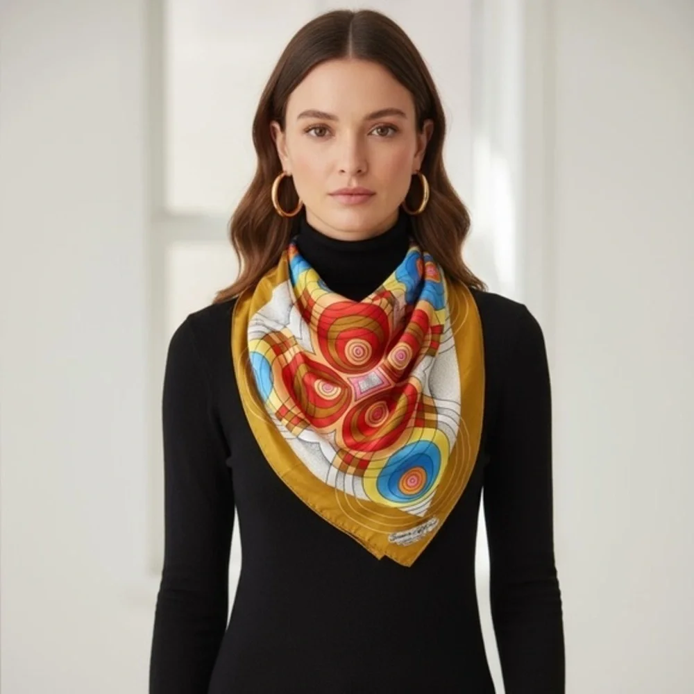 Seiichi Shirai Original Design Scarf Made in Japan Mustard Red Blue Geometric